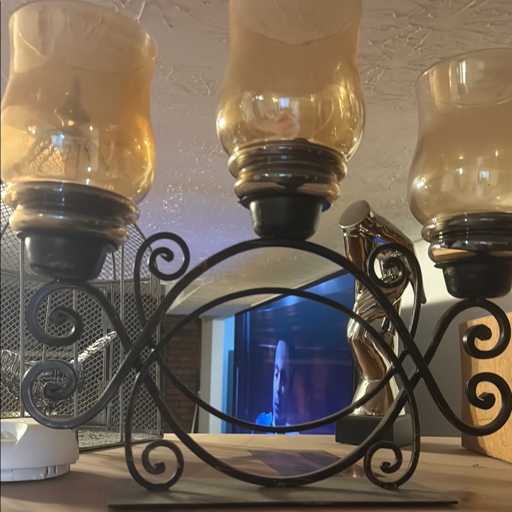 Source Unknown Black and Gold Candle Holder with Intricate Accents